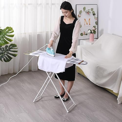 Miniatura 9 de Tabla de planchar compacta tamaño completo, ajustable plegable de pie para ropa de pie mesa de hierro extra ancha, material de madera y hierro,