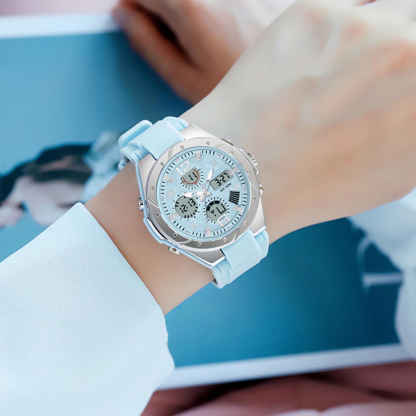 findtime Orologi da donna bianchi per adolescenti studenti con sveglia/cronometro/retroilluminazione a LED, resistente agli urti/data, digitale, analogico, per ragazzi e ragazze