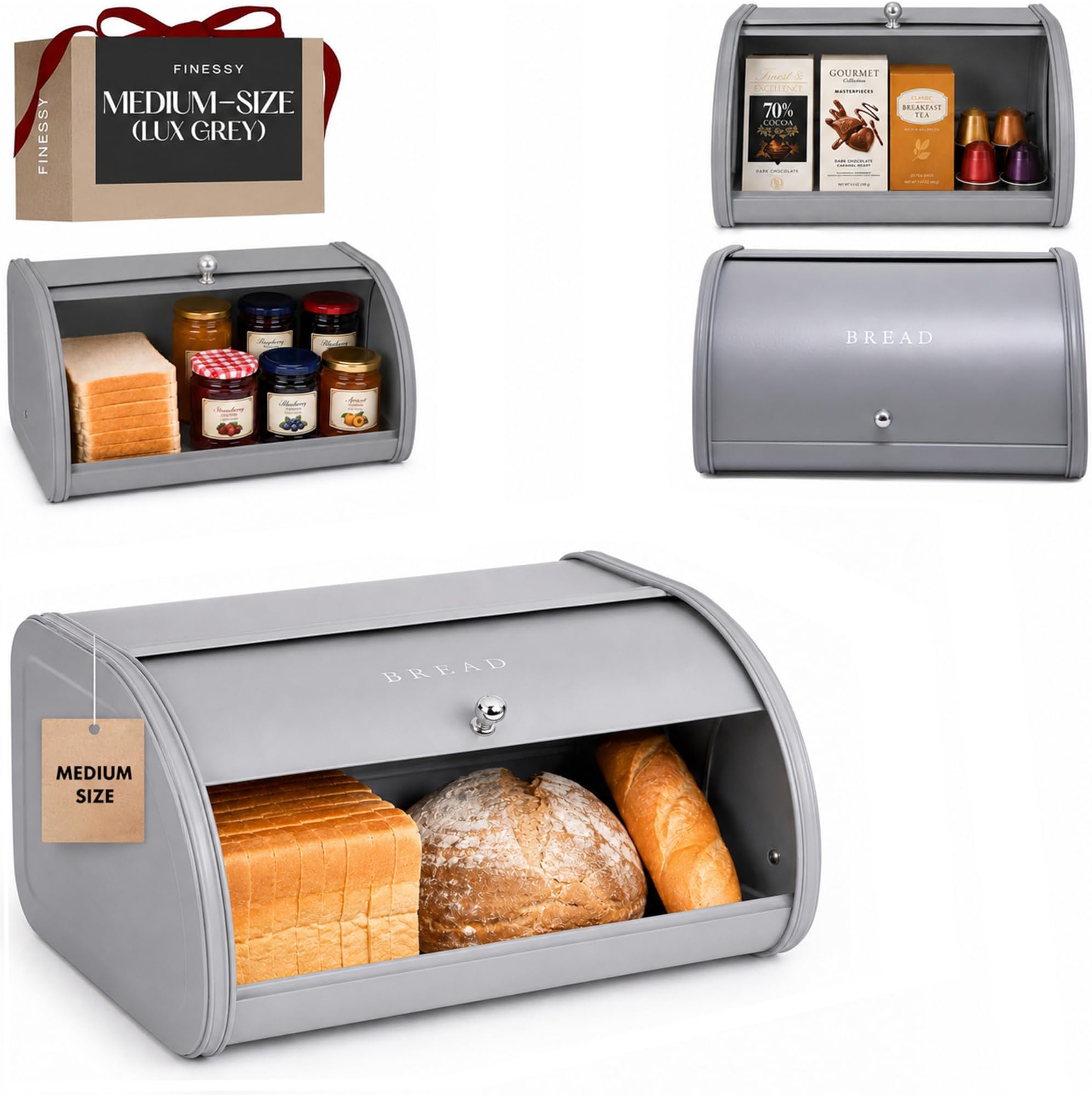 FINESSY Metal Bread Box For Kitchen Countertop, Gray Bread Box Roll Top