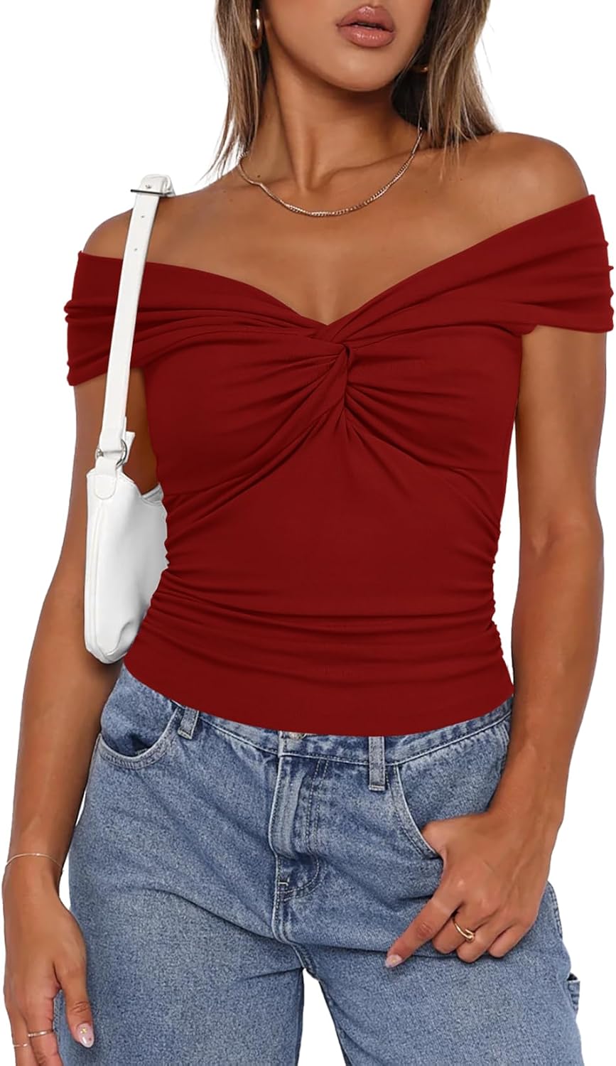 Darong Women Summer Twist Knot Front Off The Shoulder Tank Tops Cap Sleeve Going Out Shirts Slim Fitted Y2K Outfits - Image 4