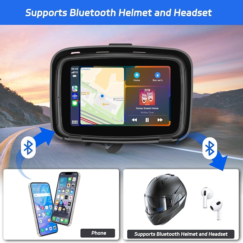 Hikity 5" Vízálló Motoros CarPlay Monitor - Kettős Bluetooth, Navigáció, Siri Támogatás, TF/USB Csatlakozás, Hordozható Autórádió Motorkerék