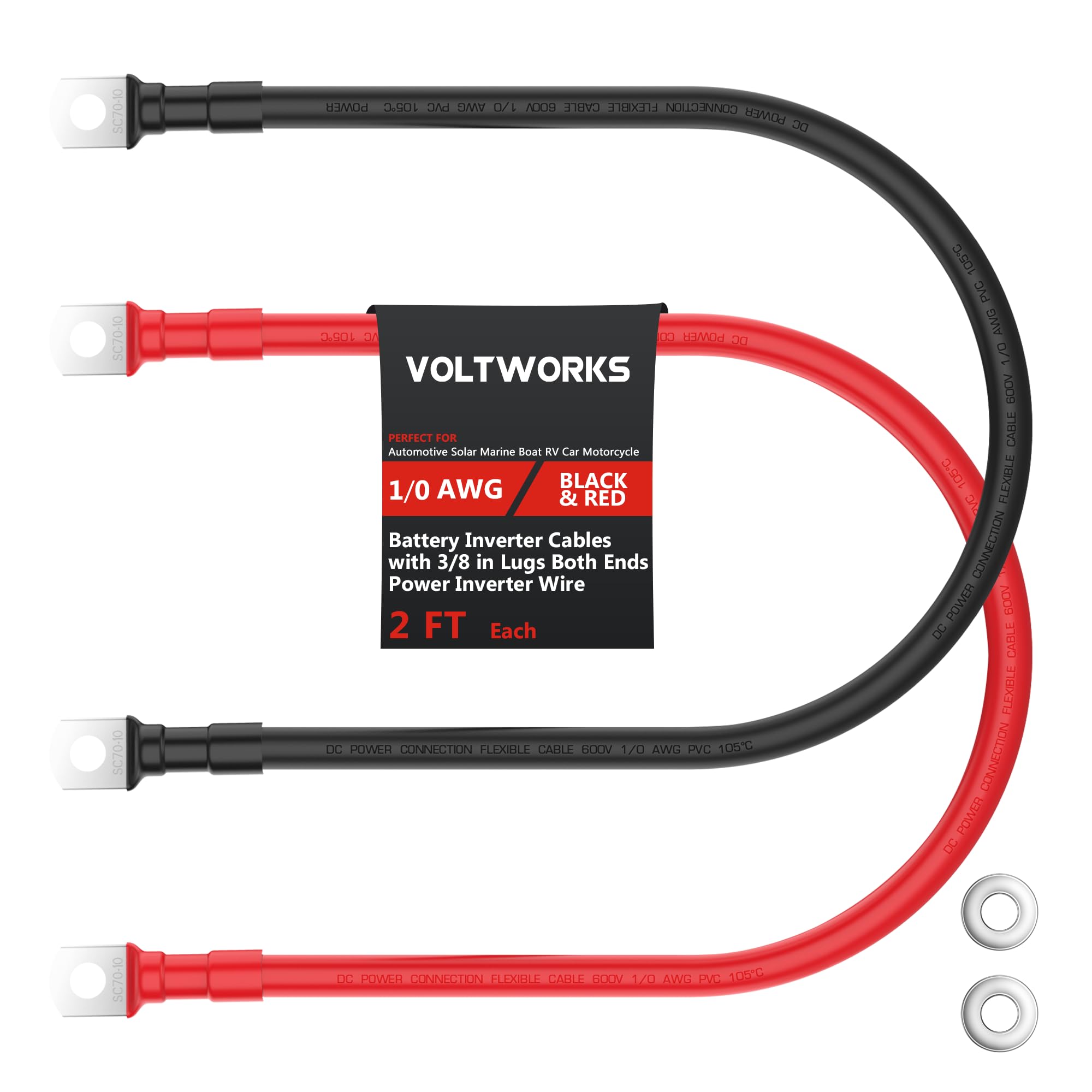 VOLTWORKS 1/0 AWG Gauge Red + Black Pure Copper Battery Inverter Cables Solar, RV, Car, Boat 2ft 3/8 in Lugs