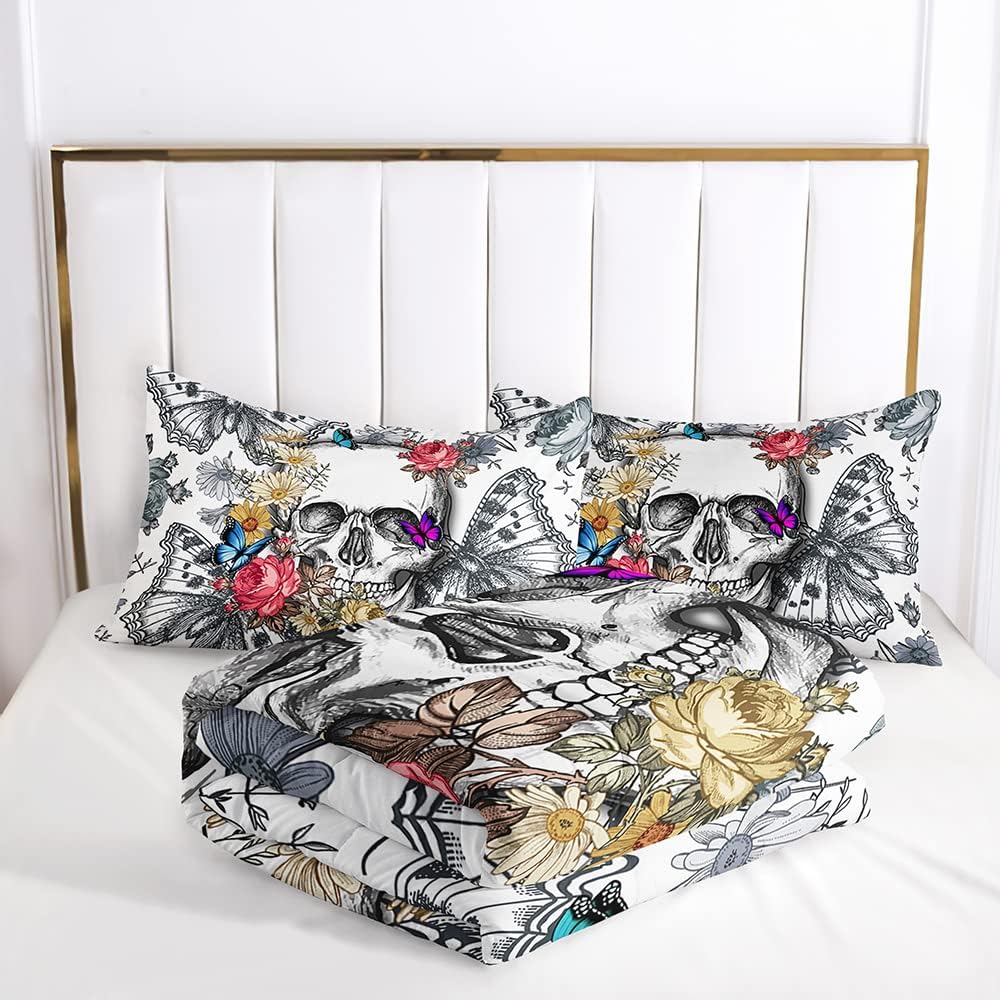 DYcolor 3D Gothic Flower Butterfly Skull Quilt, 3-Piece Flying Skeleton Butterfly Skull Comforter Set with 1 Comforter and 2 Pillow Cases for Kids, Teens, Adults (White, Queen) - Image 4
