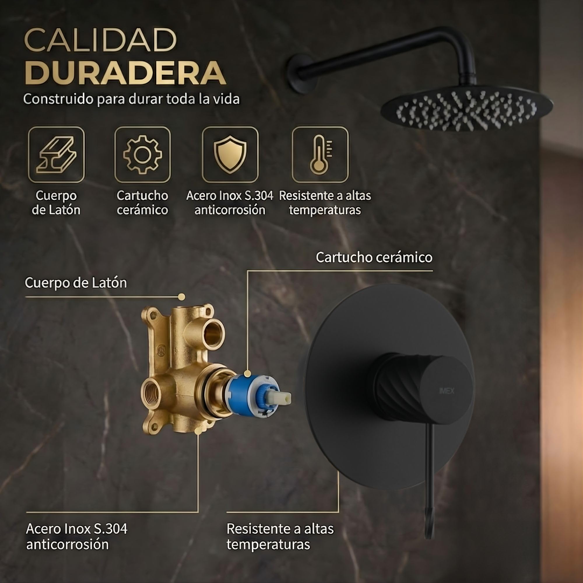 IMEX - Ducha Empotrada Negra Monomando | Conjunto de Grifería Empotrado con Rociador Antical Efecto Lluvia | Columna Ducha Empotrada con Grifo en Latón y Acero Inox S.304 (SIN ALCACHOFA)