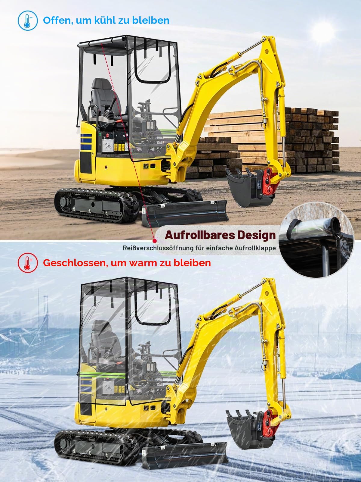 Mini-Bagger-Abdeckung, transparente Baggerkabinen-Hülle aus 600D Oxford-Gewebe & PVC-Folie, kompatibel mit Bobcat E20/Kubota U17 für 798–1600 kg, wasserdicht, UV- und Regenschutz