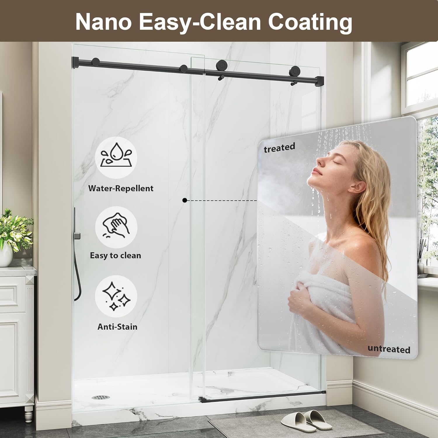 Frameless Glass Shower Door,67-72" W x 72" H Single Sliding Frameless Shower Door,1/4"(6mm) SGCC Tempered Glass,Safety Explosion-Proof Film Nano Coating,Matte Black