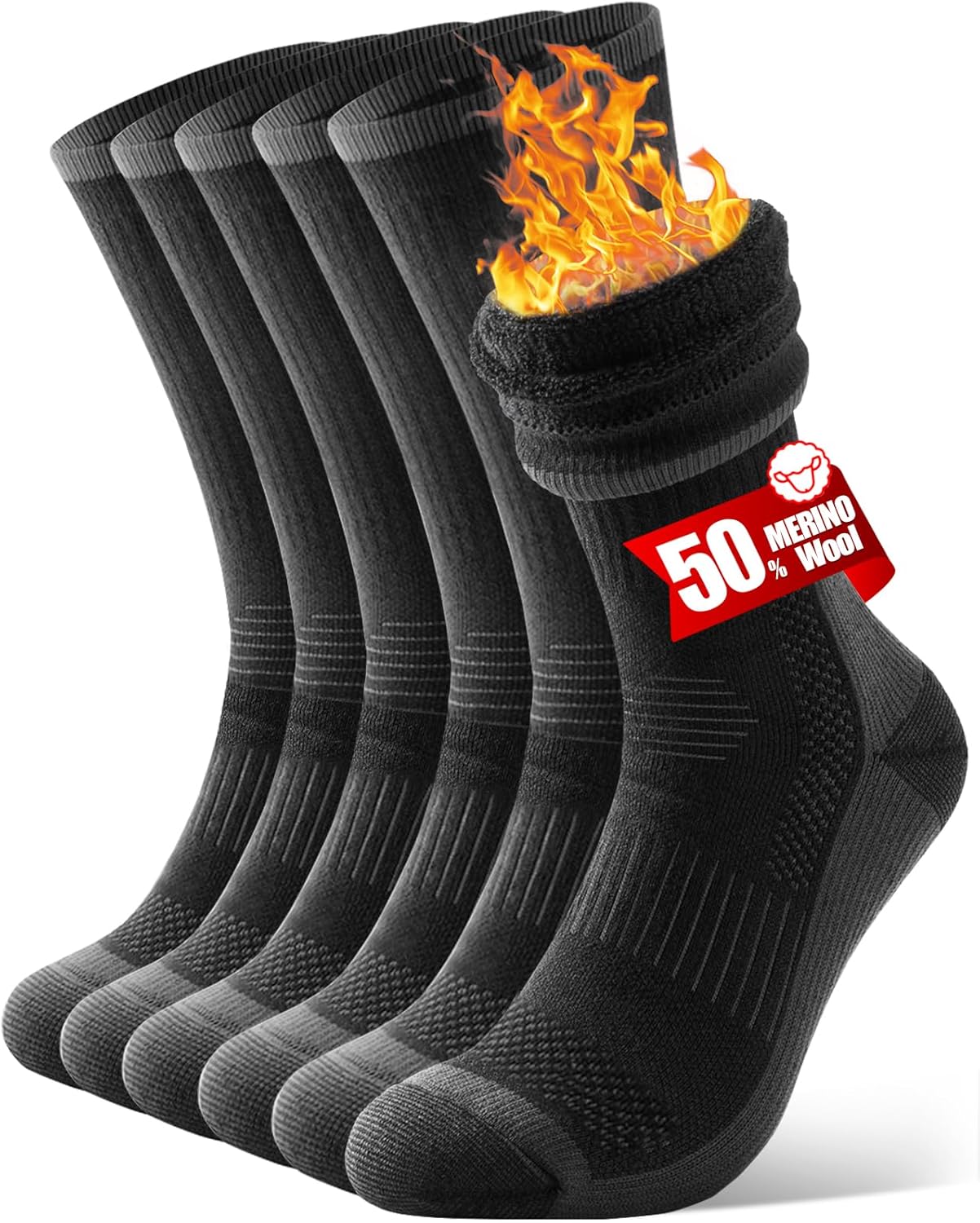 CLATOFO Merino Wool Hiking Crew Socks for Men & Women, Thermal Socks,Cushioned Anti-Blister, Breathable 3 Pairs(BLACK,L)
