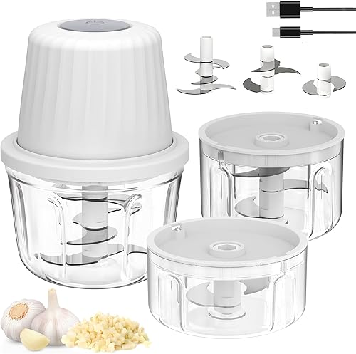 Mini procesador de alimentos inalámbrico con múltiples 3 cuencos (13.5 fl oz+8.5 fl oz+3.4 fl oz) y 6+3+2 cuchillas, picadora de ajo, picadora de