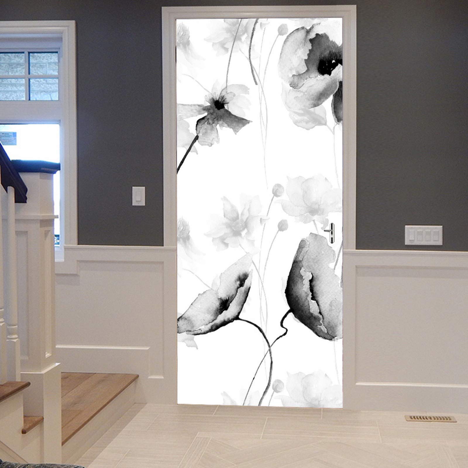Autocollant Mural Porte 90x200cm - Motif Fleurs Roses Aquarelle 3D - Vinyle Amovible, Imperméable - Pour Surfaces Lisses - 8