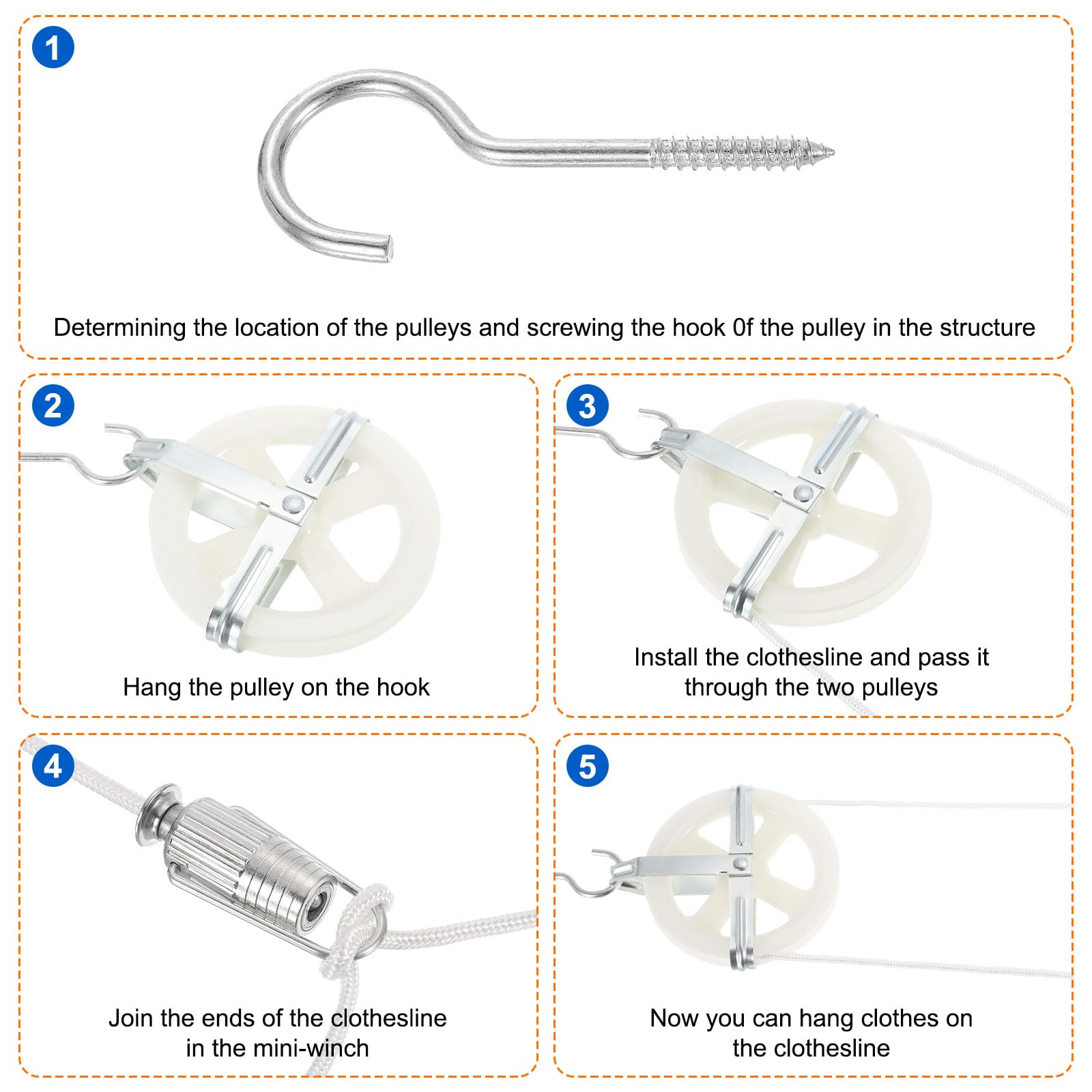 sourcing map Kit de corde à linge d'extérieur, poulie de corde à linge de 12,7 cm, corde à linge de 45,7 m pour extérieur, poulie écarteur de séparateur en S, tendeur de corde à linge et 50 pinces à