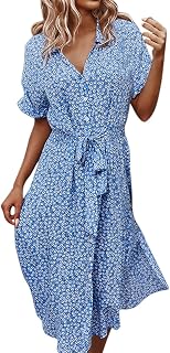 Summer Dress Women's Beach Dress Women's Dresses Autumn Women's Dresses Summer Boho Bohemian Casual Button Short Sleeve Floral Print Lace Maxi Beach Midi Dress Black Women's Short Beach Dress Women's