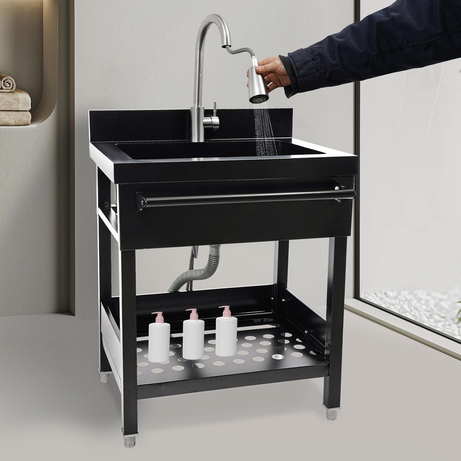 Commercial Kitchen Sink, Stainless Steel Free Standing Sink w/ Cold & Hot Water Pull-out Faucet, Heavy Duty Laundry Sinks for Workshop, Laundry Room, Greenhouse, Pet Care 25.78*20.27*33.86in (Black)
