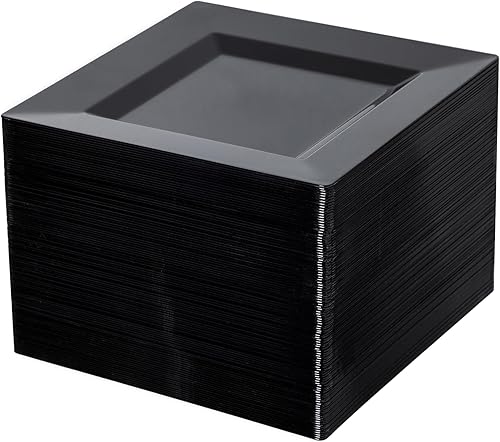 100 Pack Black Plastic Square Dessert Plates, 6.5" Disposable Salad Plates Heavy Duty Plates for Party, Wedding, Christmas, Easter