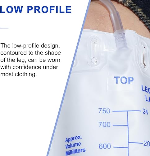 Miniatura 2 de Paquete de 5 bolsas de drenaje Foley de orina para piernas, 25.4 fl oz con válvula antirreflujo, drenaje de tubo de 18 pulgadas y bandas elásticas