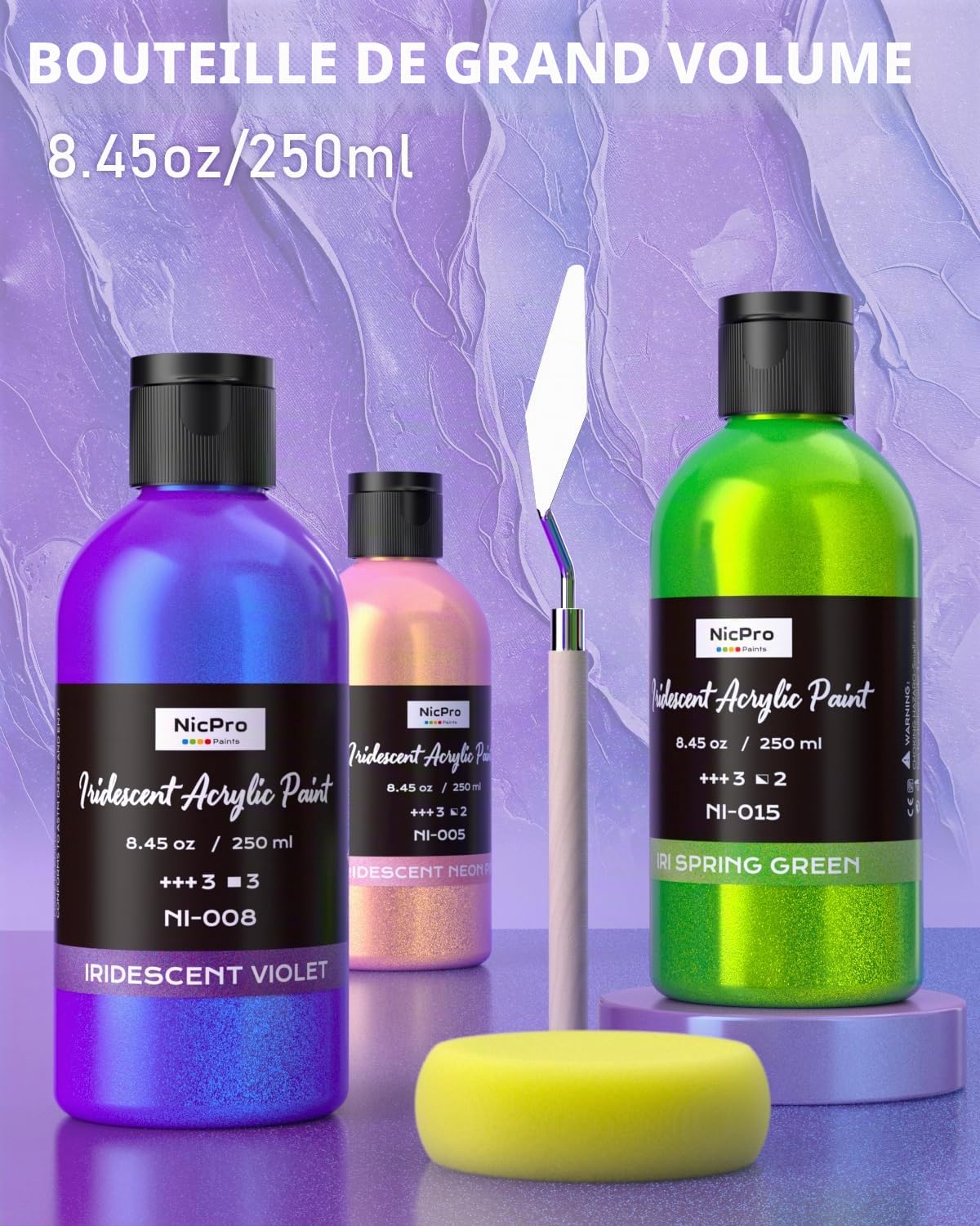Nicpro 20 couleurs peinture acrylique irisée, 20× 250 ml, peinture acrylique métallique en vrac, changement de couleur et fournitures de peinture artistique non toxiques pour toile, tissu, roche, bois