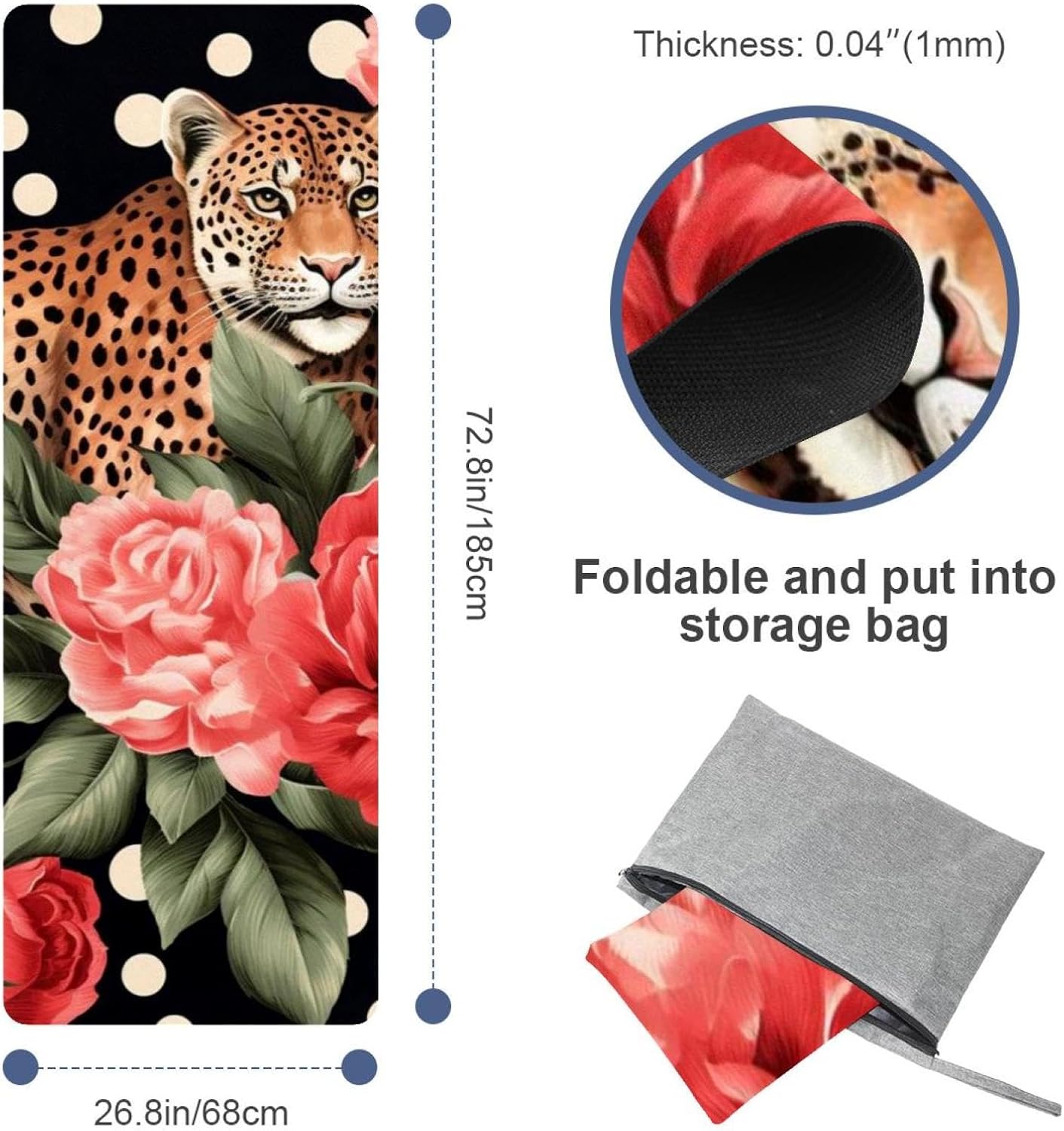 Yoga Towel, Leopard Rose Flower Non Slip Sweat Absorbent Hot Yoga Mat Towel for Hot Yoga, Pilates and Fitness - 72.8" x 26.8"