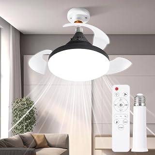 Socket Fan Light Retractable Ceiling Fan with Light, 30W 2000LM LED 3-Level Dimmable, Remote 3-Speed 3-Timer Settings, E26/E27 Screw-in Install, Ultra-Quiet DC Motor, Black
