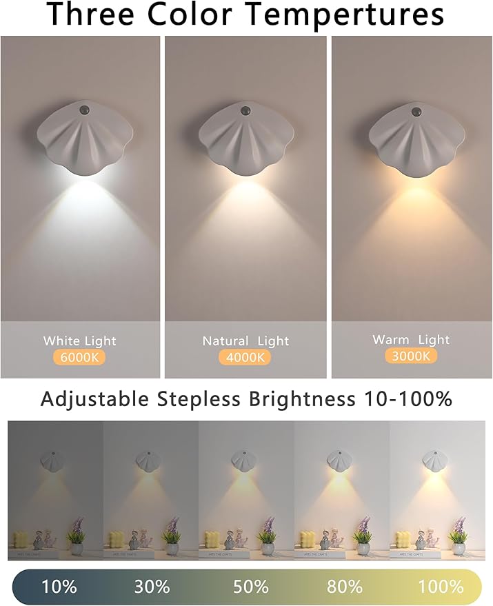 XPESUVC Shell Motion Sensor Night Light, USB Rechargeable, 3 Lighting Modes with Stepless Dimming, Personalized Wall Light for Bedroom, Bathroom, Kitchen, Corridor, Stairway (1 Pack, White) photo 3
