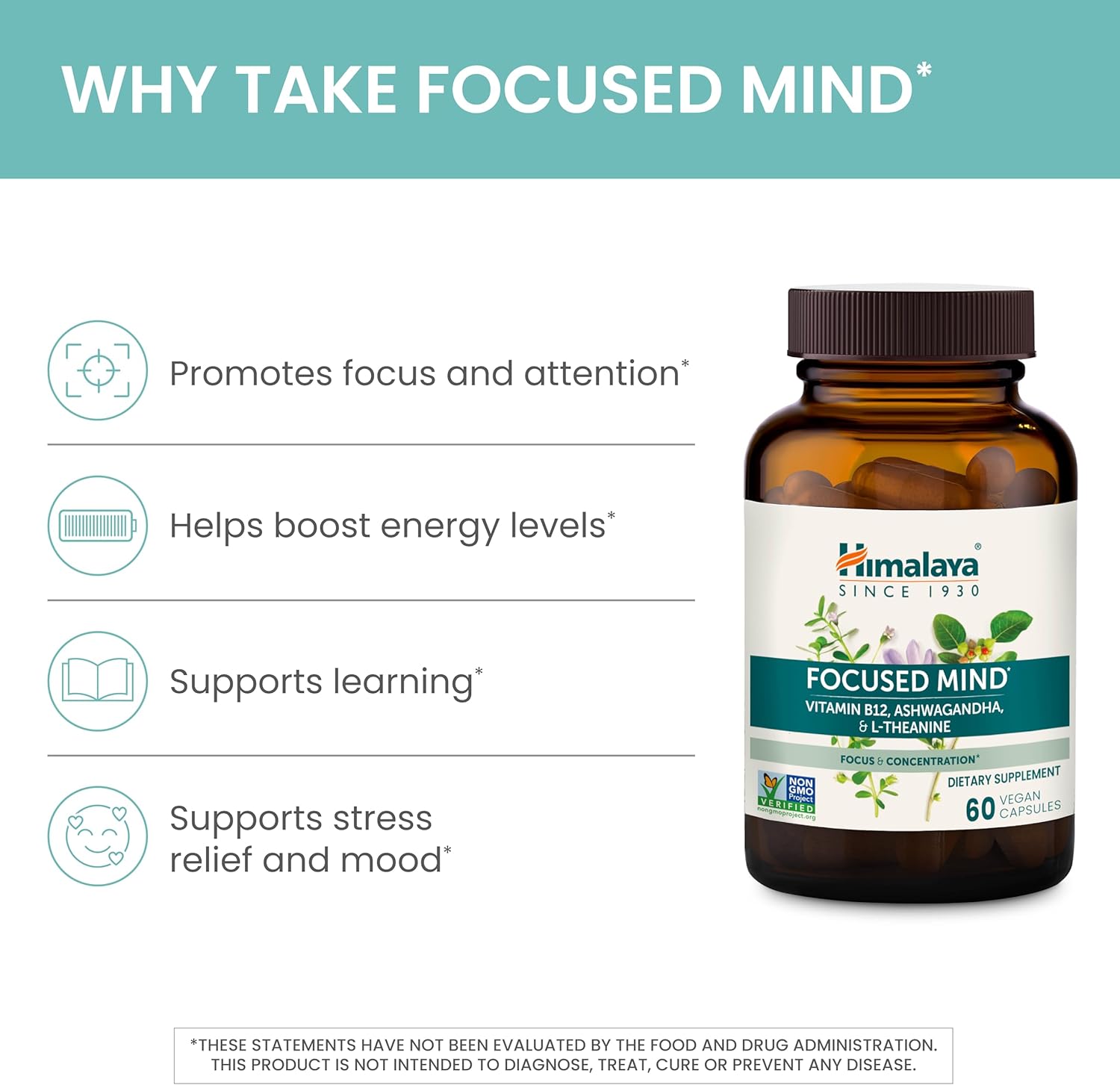 Himalaya Focused Mind Supplement, with Ashwagandha, Bacopa & L-Theanine for Attention, Focus and Energy Support, 60 Vegan Capsules, Gluten Free, 1 Month Supply - Image 4