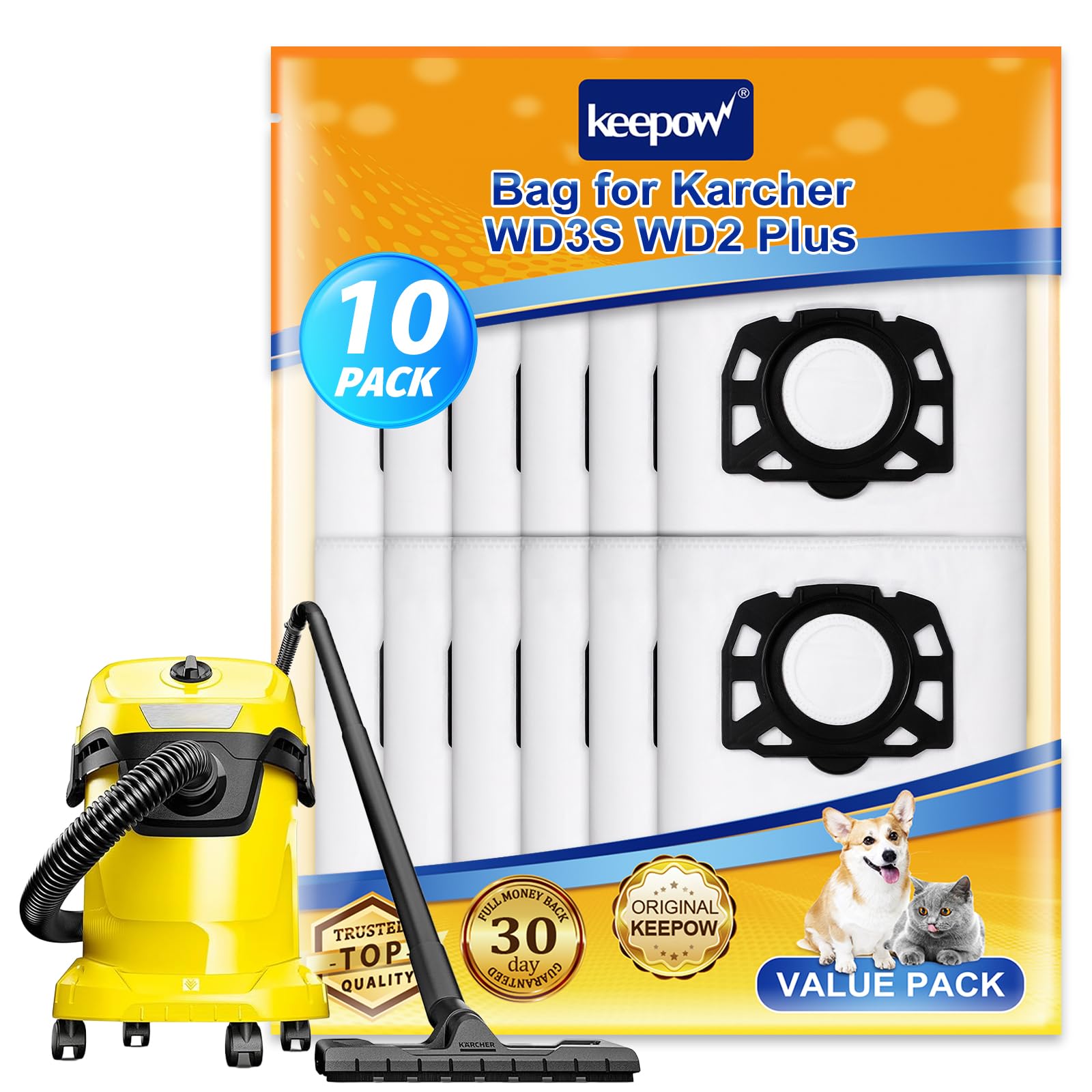 KEEPOW 10 Pack Vacuum Bags for Kärcher Wet & Dry Vacuum Cleaner WD 2 Plus, WD 3, WD 3 Battery, Fleece Hoover Bags for Karcher Vacuum Cleaner KWD 2, KWD 3, MV 3, SE4001, SE4002，WD3 S, KWD 1