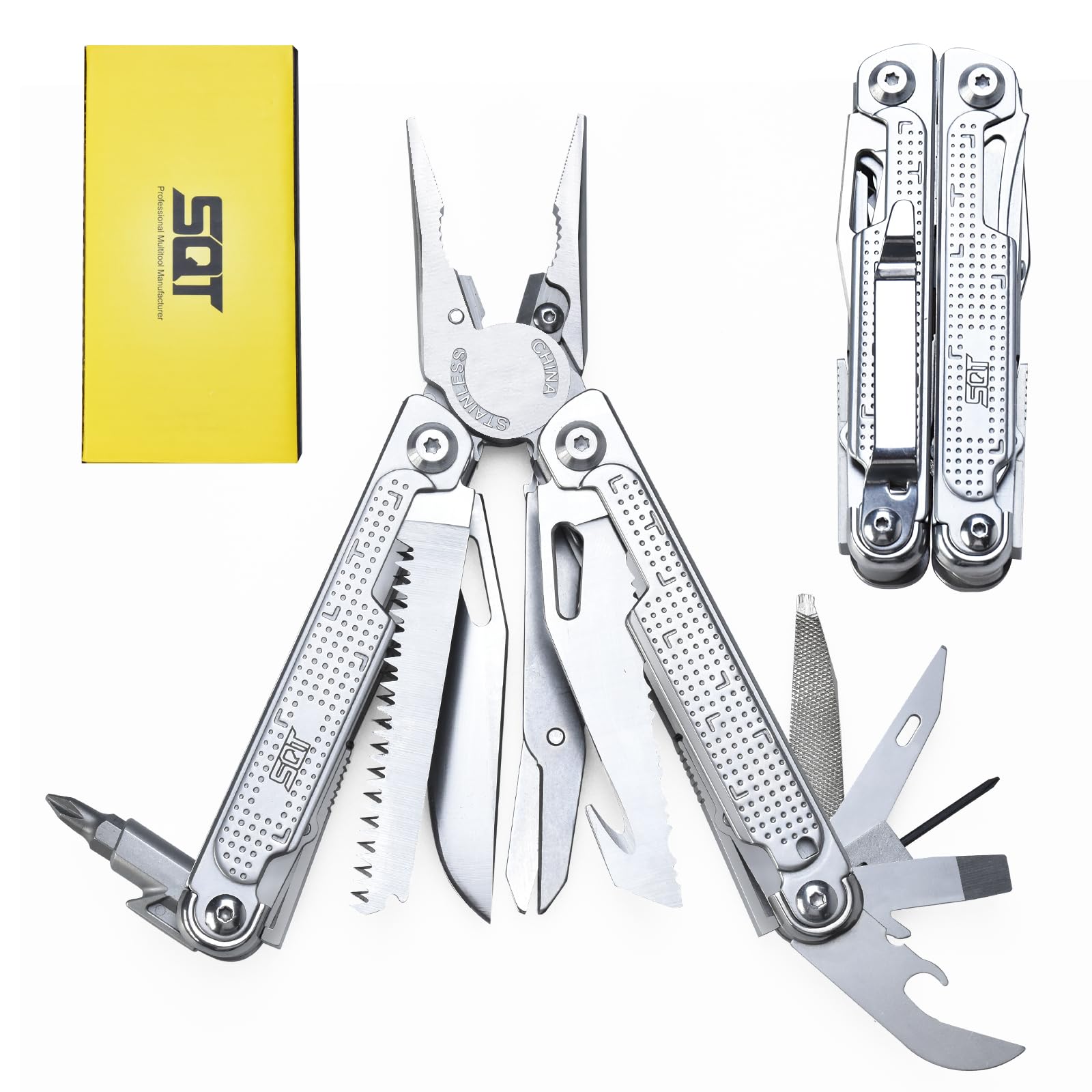 SQT 20 en 1 Outil Multifonction en Acier Inoxydable, Pince Multifonction avec Scie & Tournevis, Parfait pour Randonnée, Réparation et bricoler, Cadeau Papa Cadeau Homme, étui nylon inclus, 2048