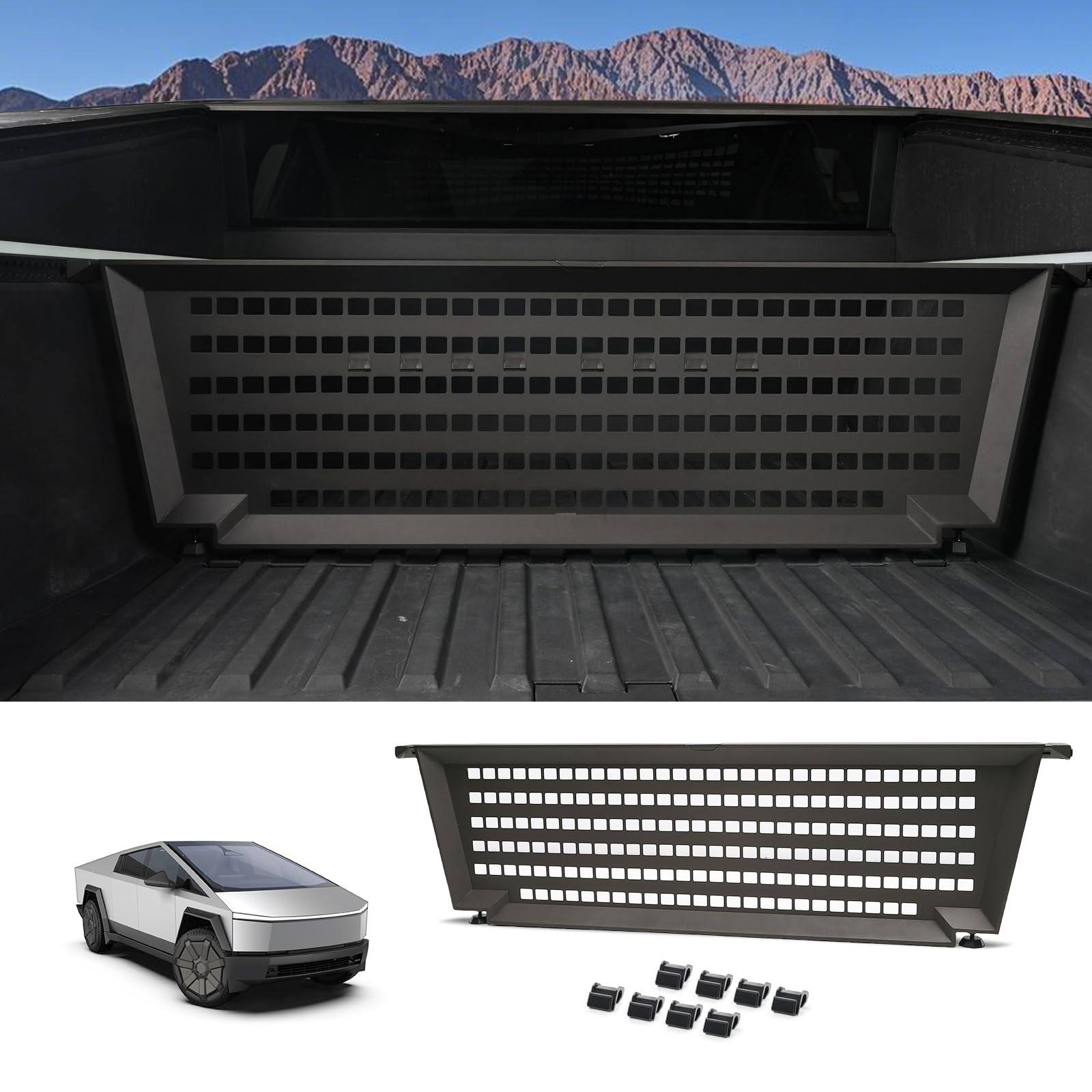 Photo 1 of WheelX Truck Bed Divider Compatible with 2024 2025 Tesla Cybertruck, Rear Trunk Cargo Aluminum Organizer Carbon Steel Molle Panel with 8 Removable Hooks, No Drill Installation & Adjustable Partitions