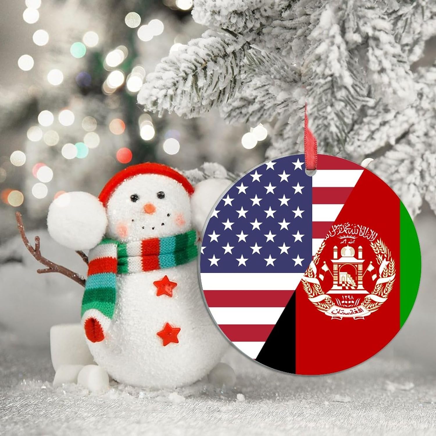 United Stand with Afghanistan Christmas Ornament 2023 American and Afghanistan Flag Christmas Decorations for Tree Acrylic Country City Novelty Gifts for Holiday Pendants 3 Inch image 2