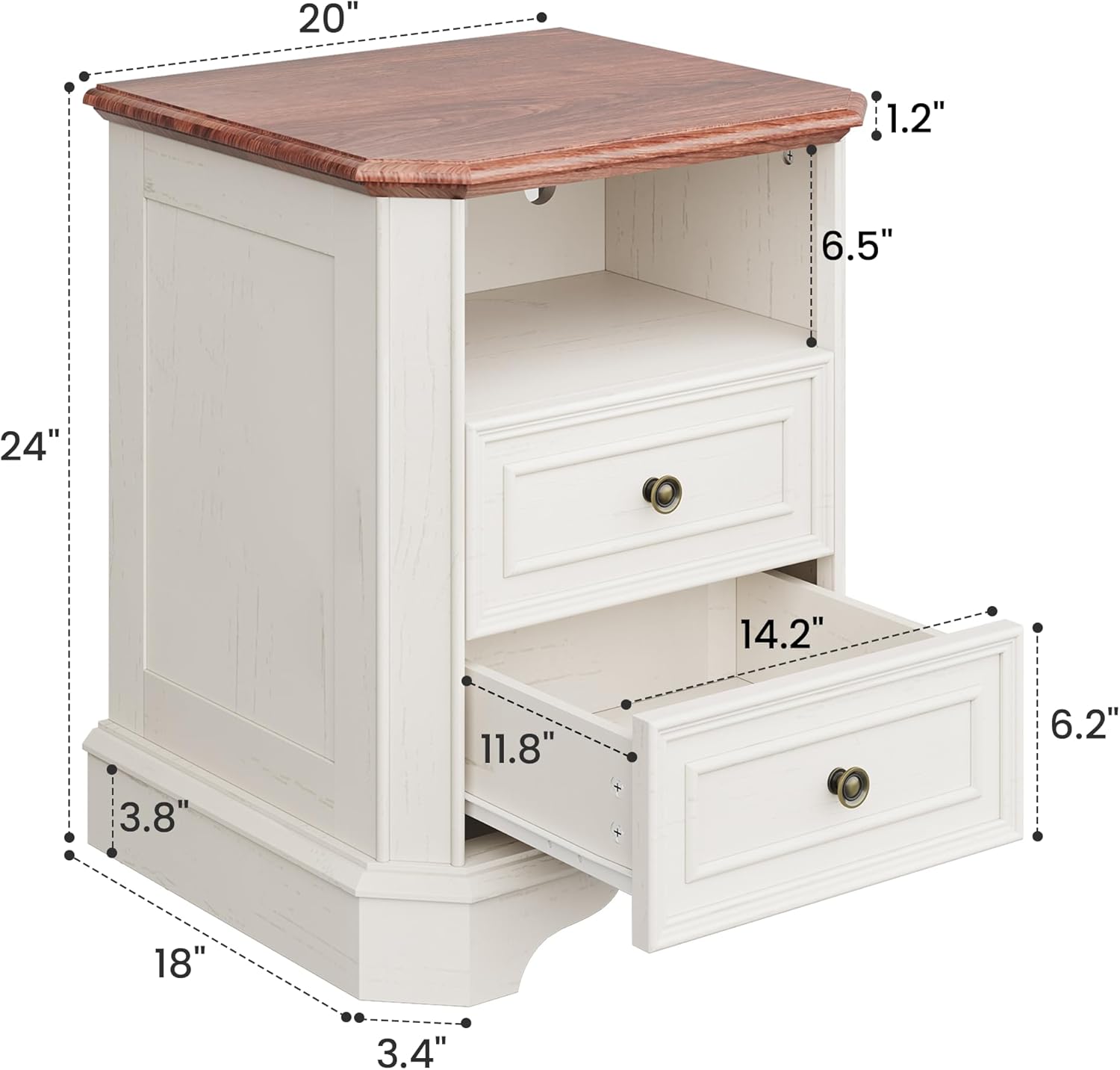24" Tall White Nightstand with Charging Station, Modern Farmhouse Bedside Table with 2 Drawers and Open Shelf, Traditional Wood End Table with Outlets and USB Ports