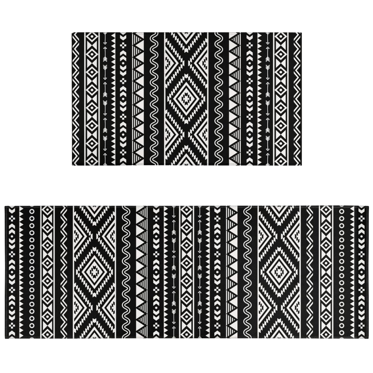 Ideasonna Black Boho Kitchen Rug Mat Decor Black and White Kitchen Rugs Sets of 2 Non-Slip Washable Kitchen Mats for Floor 2 Piece
