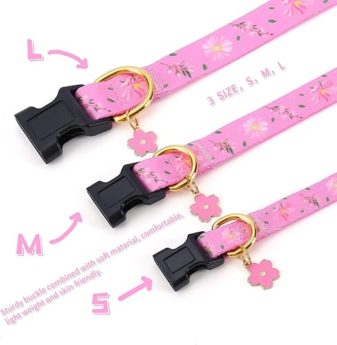 Miniatura 3 de Collar de perro de algodón hecho a mano para perros pequeños, medianos y grandes, flores rosadas con colgante, lindos collares de perro (S)
