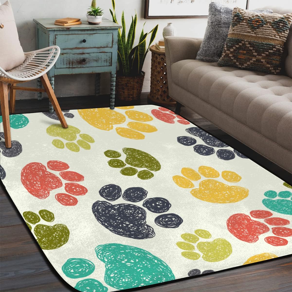 5' x 7' Colorful Paw Print Super Soft Area Rug for Kids Baby Nursery, Rugs for Living Room, Fuzzy Rugs for Nursery