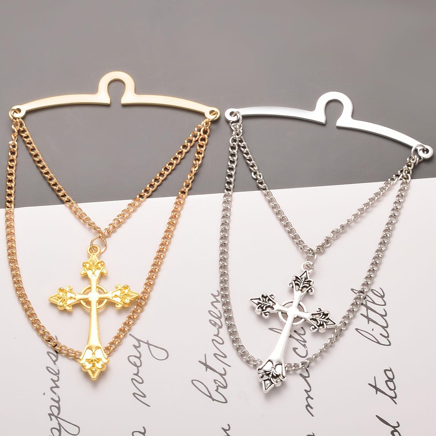 Gold Cross Tie Chain for Men Novelty Tie Clip Silver with Double Chain 2.4" Business Jewelry image 5