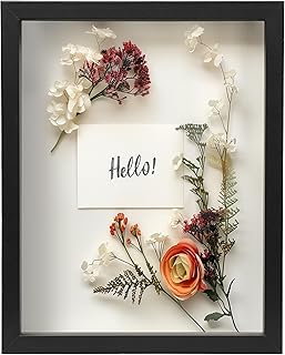 FrameWorks 11” x 14” Black Wooden Shadow Box Frame – Display Case with Soft Felt Back, Memory Box with Tempered Glass, Display Box with Elegant White Ball Push Pins, Wooden Flower Box