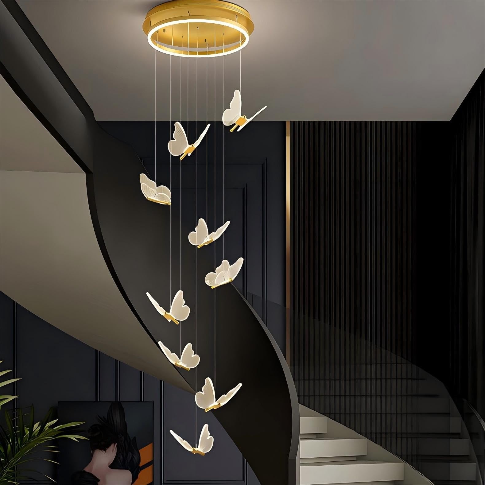 Ruirfh Warm Light Modern Stair Chandelier Led Dimmable Aluminum Butterfly Shape Pendant Light Gold Interior Decoration Lighting Fixture Nordic Style Suitable For Living Room Villa Hotel Cloakroom Chandeliers(War