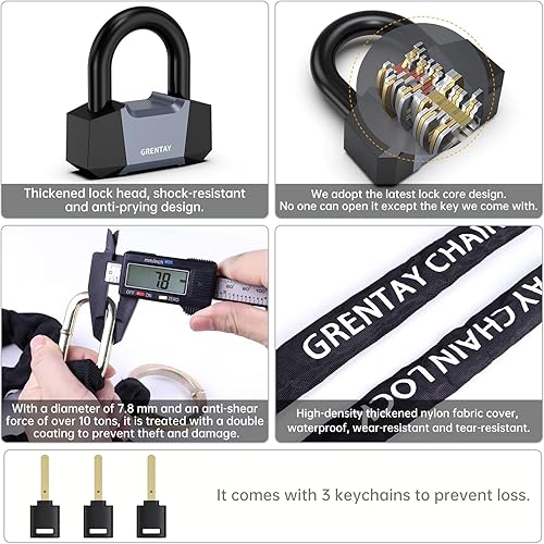 Miniatura 2 de Cerradura de cadena combinada para bicicleta, 5.2 pies de largo, cadena de acero de 0.307 in, resistente antirrobo, cadena de bloqueo de bicicleta
