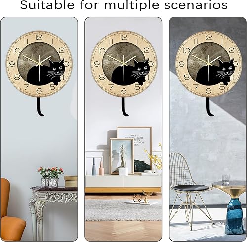 Miniatura 5 de Reloj de pared con péndulo de gato negro, divertido reloj oscilante de gato con cola móvil, silencioso, sin tictac, funciona con pilas, reloj de