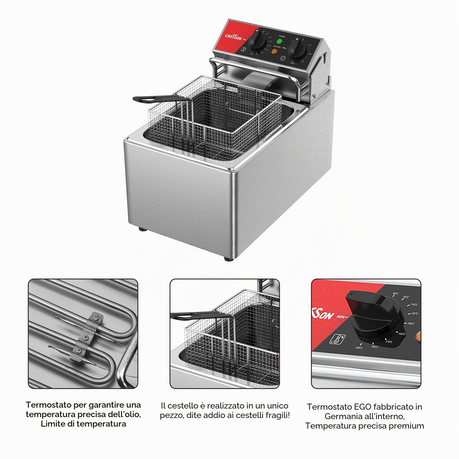 CROSSON Friggitrice Elettrica Professionale 8L 3250W Friggitrice a Olio Elettrica Temperatura Controllata 80-200°C per Cucina Hotel Ristorante
