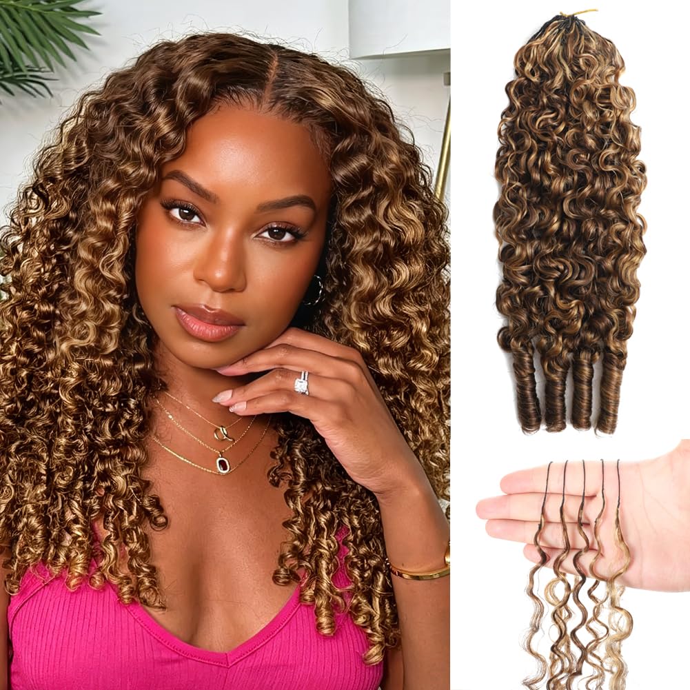 Beautymoon 4-27 Burmese Curly Crochet Human Hair 22 Inch 180g Knotless Pre-Separated Feather Human Hair Ombre Highlight Crochet Bundles 3C4A Lightweight Reusable Honey Blonde Remy Hair Extensions
