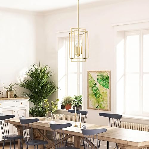 Miniatura 4 de Lámpara de araña dorada apagada con jaula geométrica de metal, colgante industrial de 4 luces para isla de cocina, sala de estar, comedor, oficina