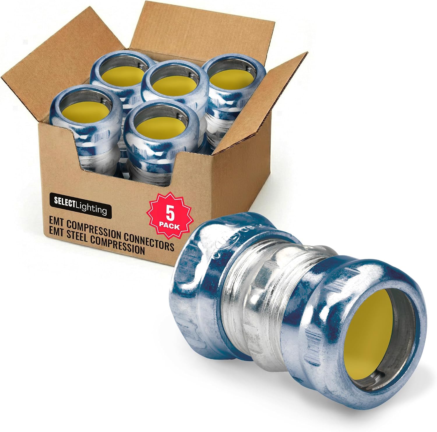 SELECT 50 Pack 1/2 Inch EMT Steel Compression Coupling – Zinc Plated Steel, Rain Tight & Insulated, Waterproof Conduit Fittings for Electrical and Home Improvement Projects