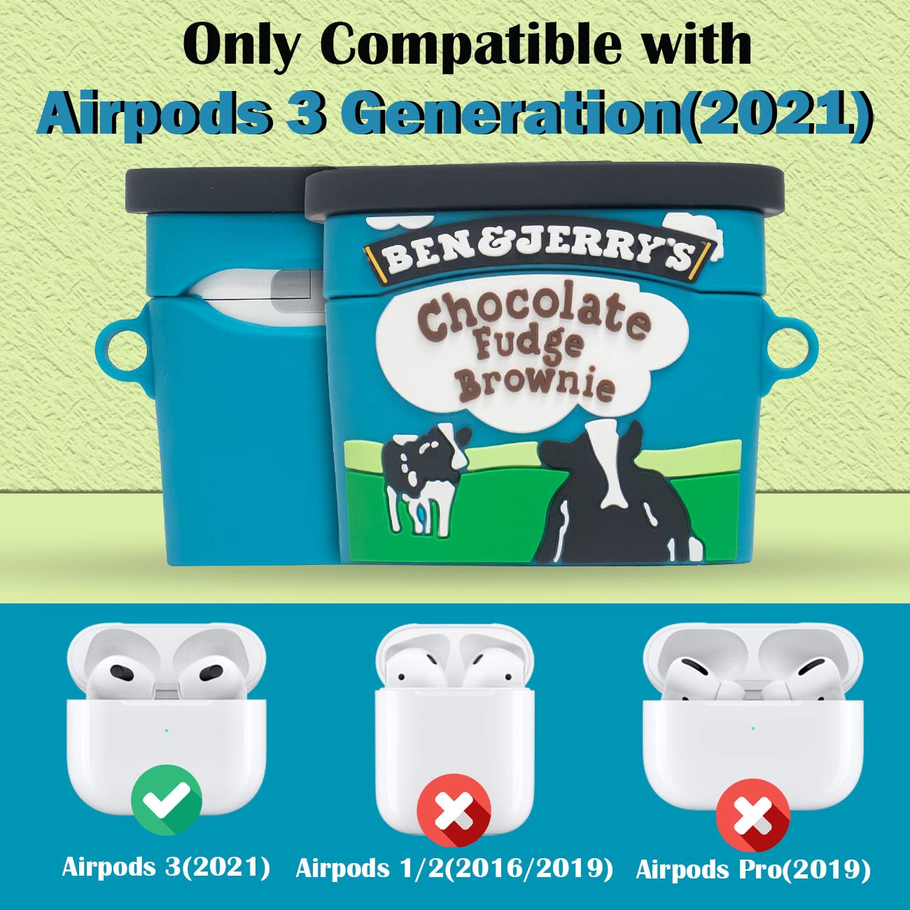 SUIHUOJI Case for Airpods 3 Generation, Cute Airpods 3 Case Kawaii Blue Ice Cream Cup Cartoon Novelty Airpods 3 Gen Cover, 6in1 Accessories/Carabiner/Anti-Lost Rope,Watch Strap,Ear Clip/Small Brush