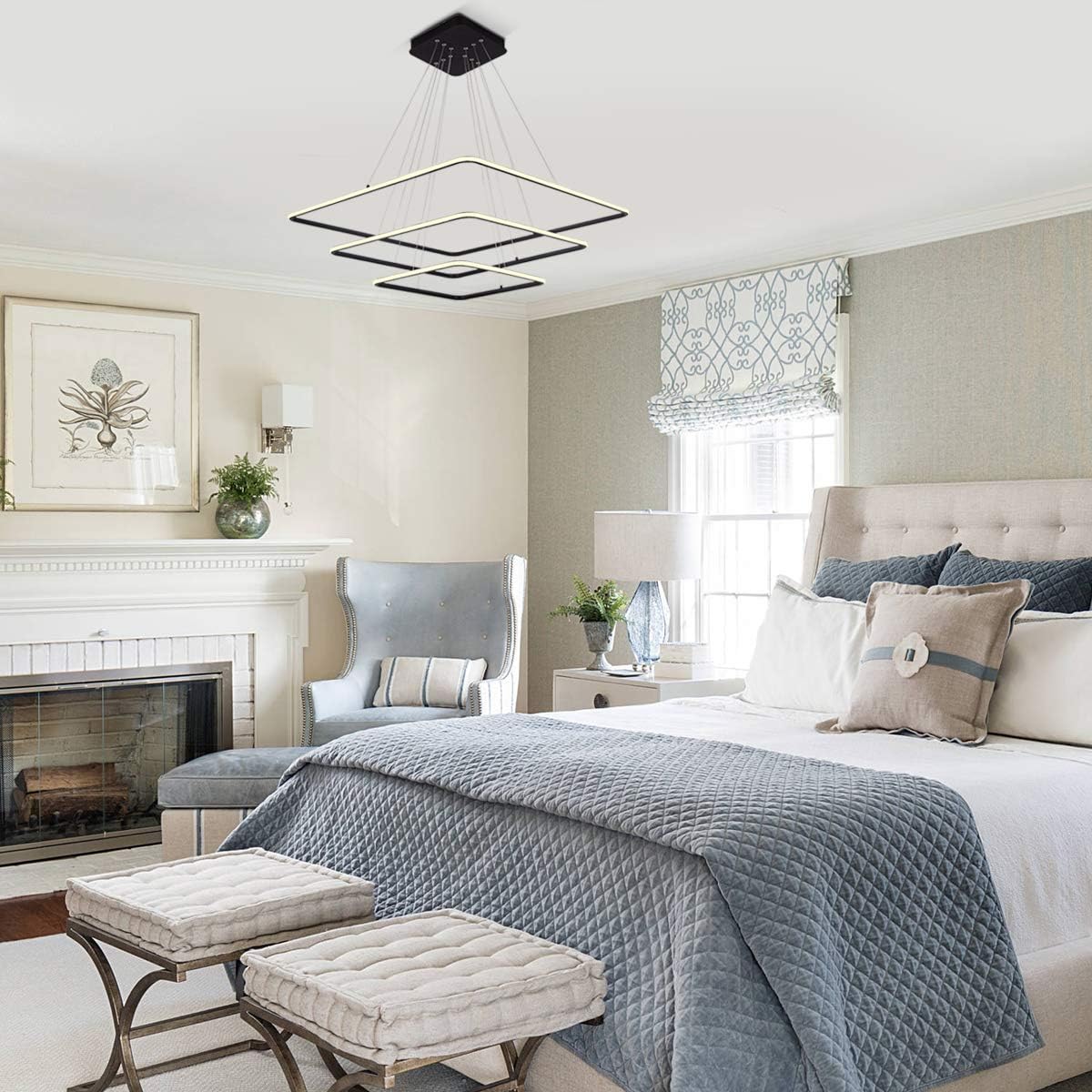 Exclusive Discount 🔥 Royal Pearl Modern Square Led Chandelier Adjustable Hanging Light Three Ring Contemporary Ceiling Pendant Light H47 X L32 x W32 Not Dimmable