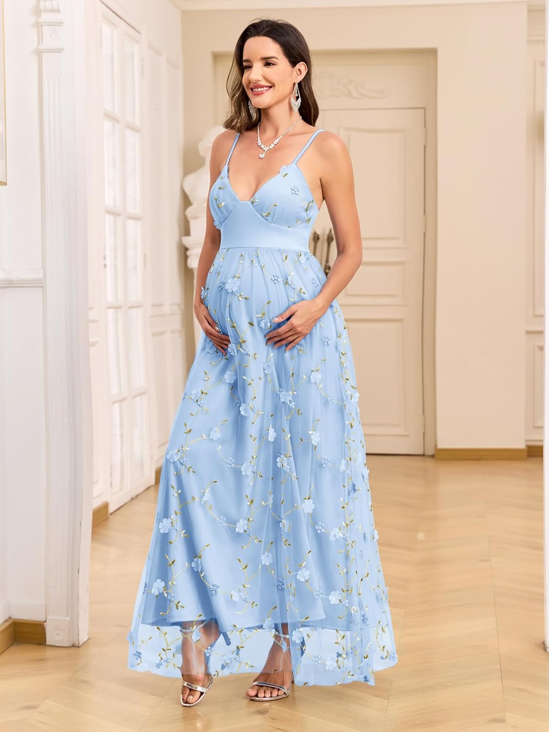 AISWI 3D Floral Maternity Maxi Dress V-Neck Tulle Spaghetti Strap A-Line Pregnancy Gown for Baby Shower Wedding Party, Sky Blue, XL