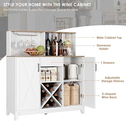 Miniatura 7 de HOSTACK Gabinete de barra de vino para licor y vasos puertas de granero con estantes de almacenamiento ajustables armario de almacenamiento de