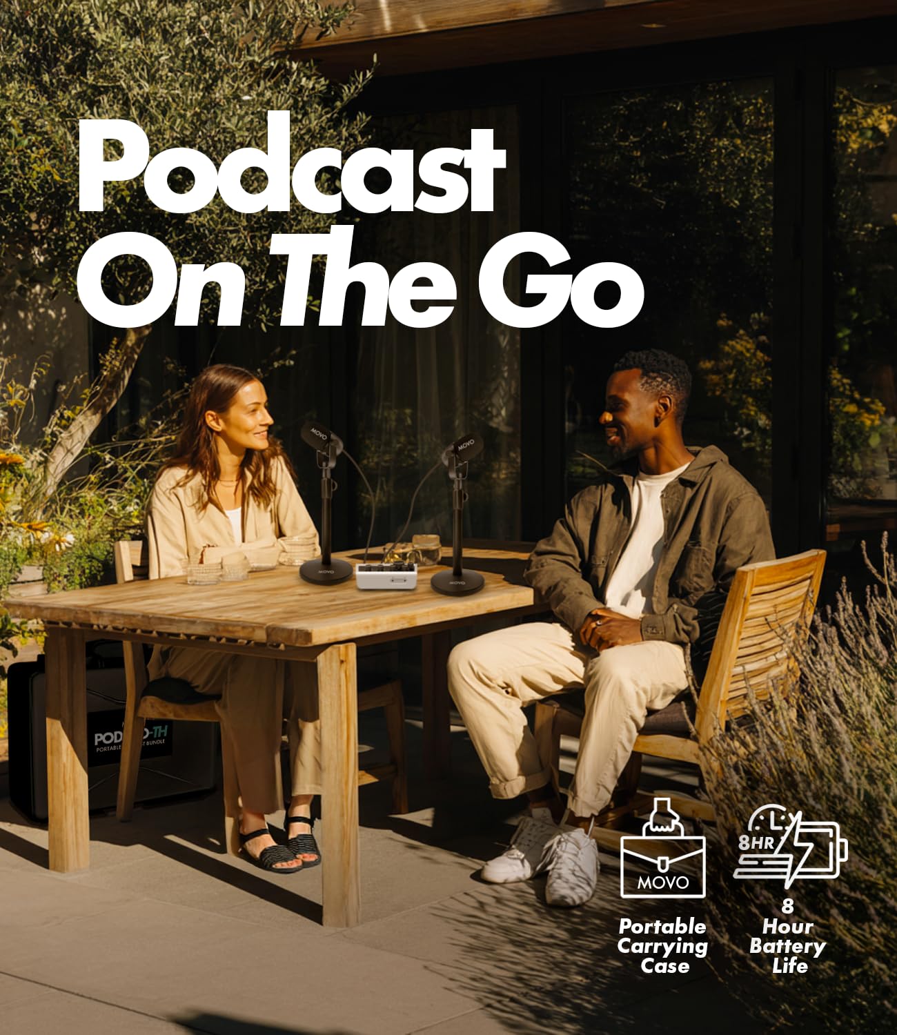 Movo Paquete de equipo de podcast portátil para teléfonos iPhone/Android, kit de podcast con interfaz de audio, 2 micrófonos dinámicos CastMic, 2 soportes de mesa, para smartphones, computadoras, PC