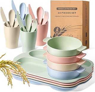 24 Pcs Wheat Straw Dinnerware Cutlery Set for Aldult Including Divided Plates Microwave Dishwasher Safe Bowl Unbreakable Tableware Straw Cutlery Spoon Knife Fork(Beige/pink/green/blue)