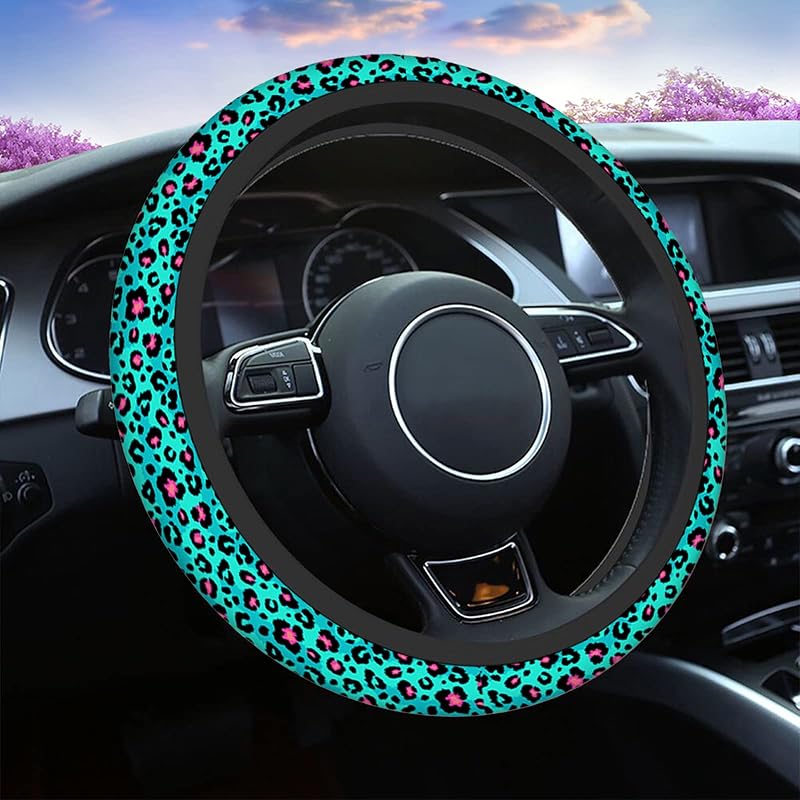 Capa para Volante Swono em Neoprene Estampa Abstrata de Leopardo Azul e Rosa, Antiderrapante, para Volantes de 38,1 cm