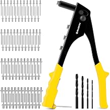 BLOSTM Pop Rivet Gun Kit 100 PCS Yellow - Pop Rivets in 4 Sizes | 2.4mm, 3.2mm, 4mm, 4.8mm Pop Riveter Gun, 4 Rivet Nosepieces, 4 Drill Bits, Hand Riveter for Metal, Plastic, Auto Repairs
