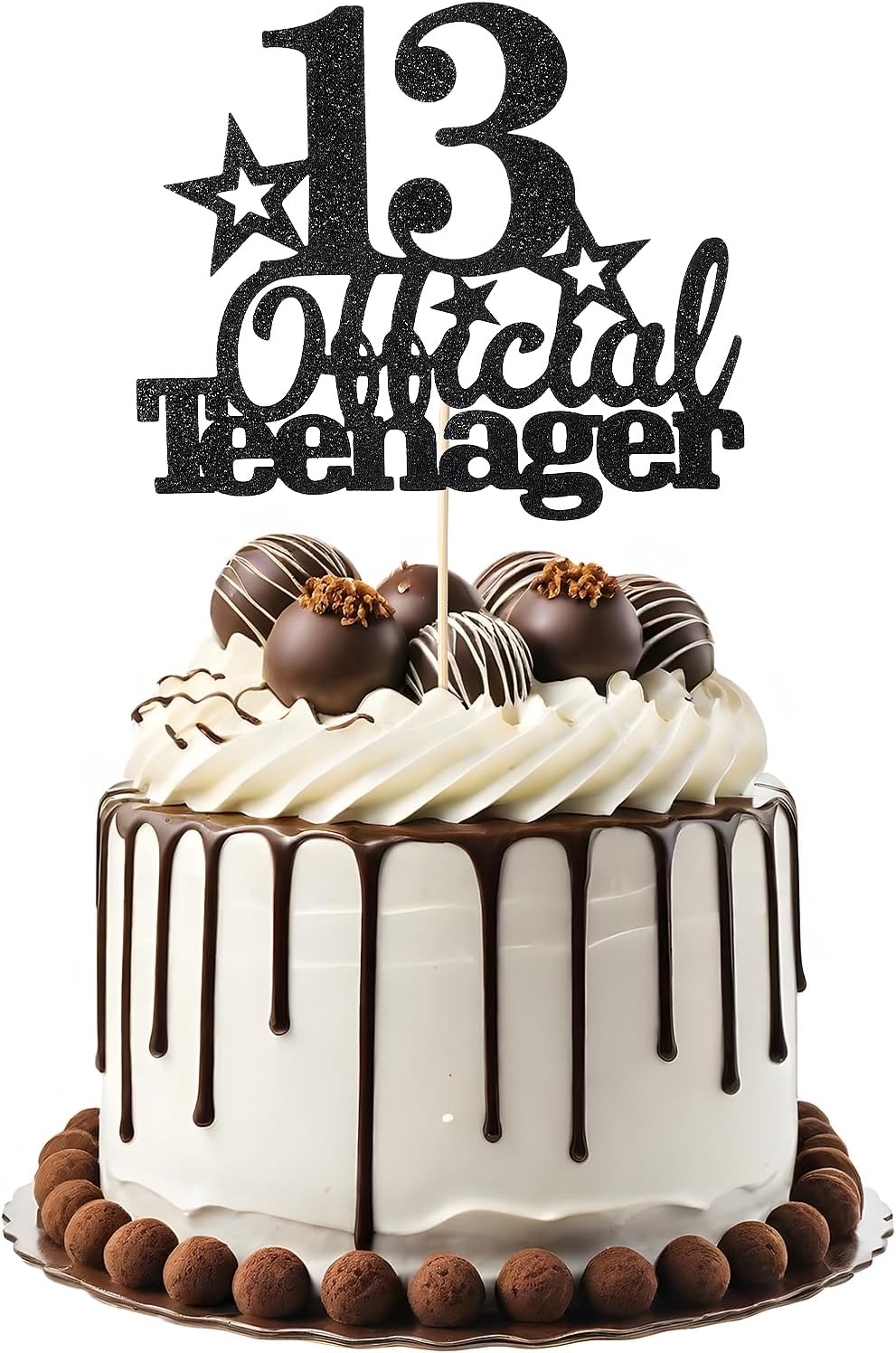 Tyqour Glitter 13th Birthday Cake Topper - Official Teenager Party Decorations Supplies in Black