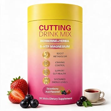 Cutting Drink Mix Berberine Supports Healthy Digestion,Energy & Gut Health with Magnesium,Yerba Mate & 5-HTP,Vegan,Sugar-Free,Non-GMO,Strawberry Acai Flavored 30 Sticks